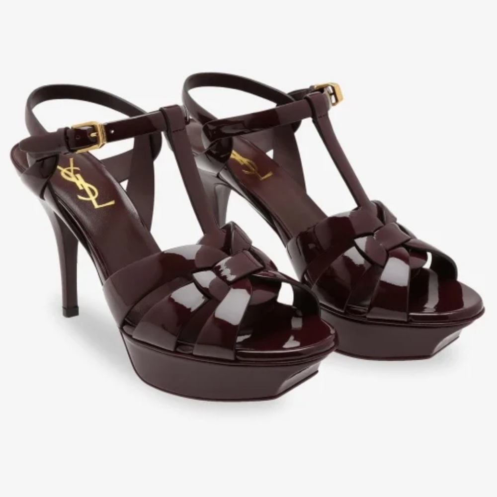Yves Saint Laurent Burgundy Patent Leather T-Strap Platform Heels - Picture 2 of 13
